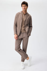 Pánské elegantní ležérní sako z měkkého žerzeje v taupe hnědé barvě