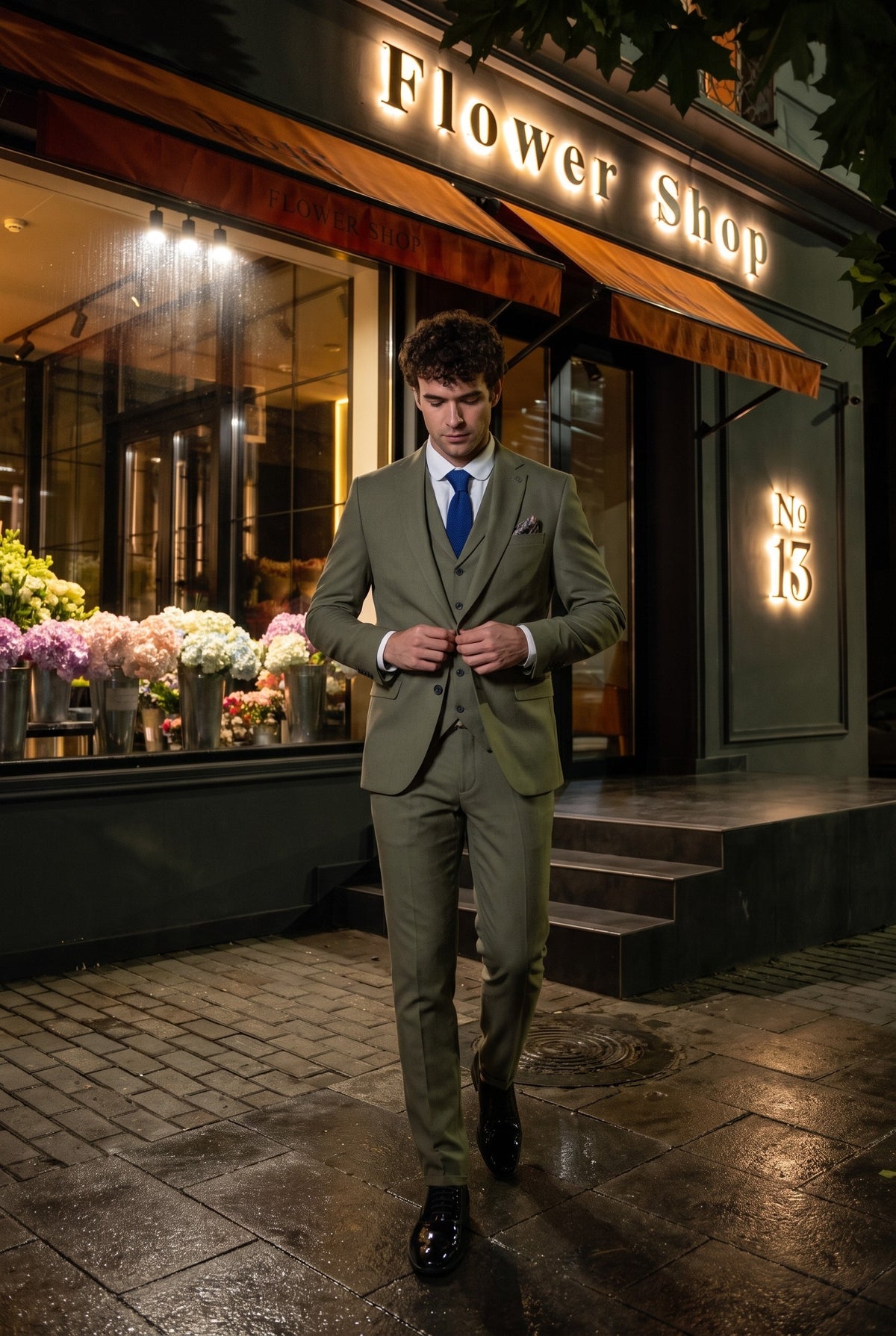 Look #158 styled with Pánský třídílný letní svatební oblek TP-22 ze lněné tkaniny Sage