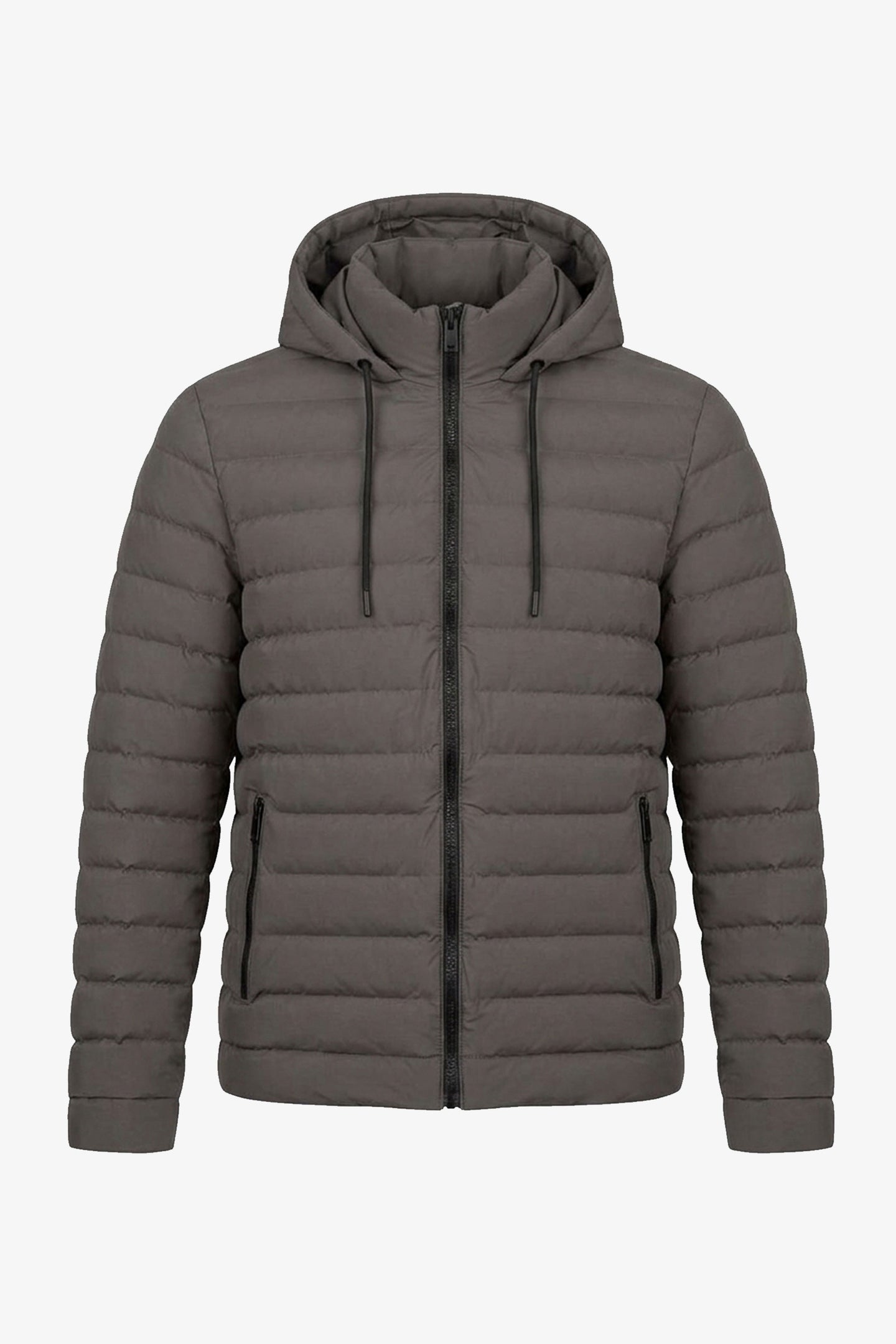 Pánská šedá prošívaná bunda s kapucí, lehký prošívaný kabát na zip