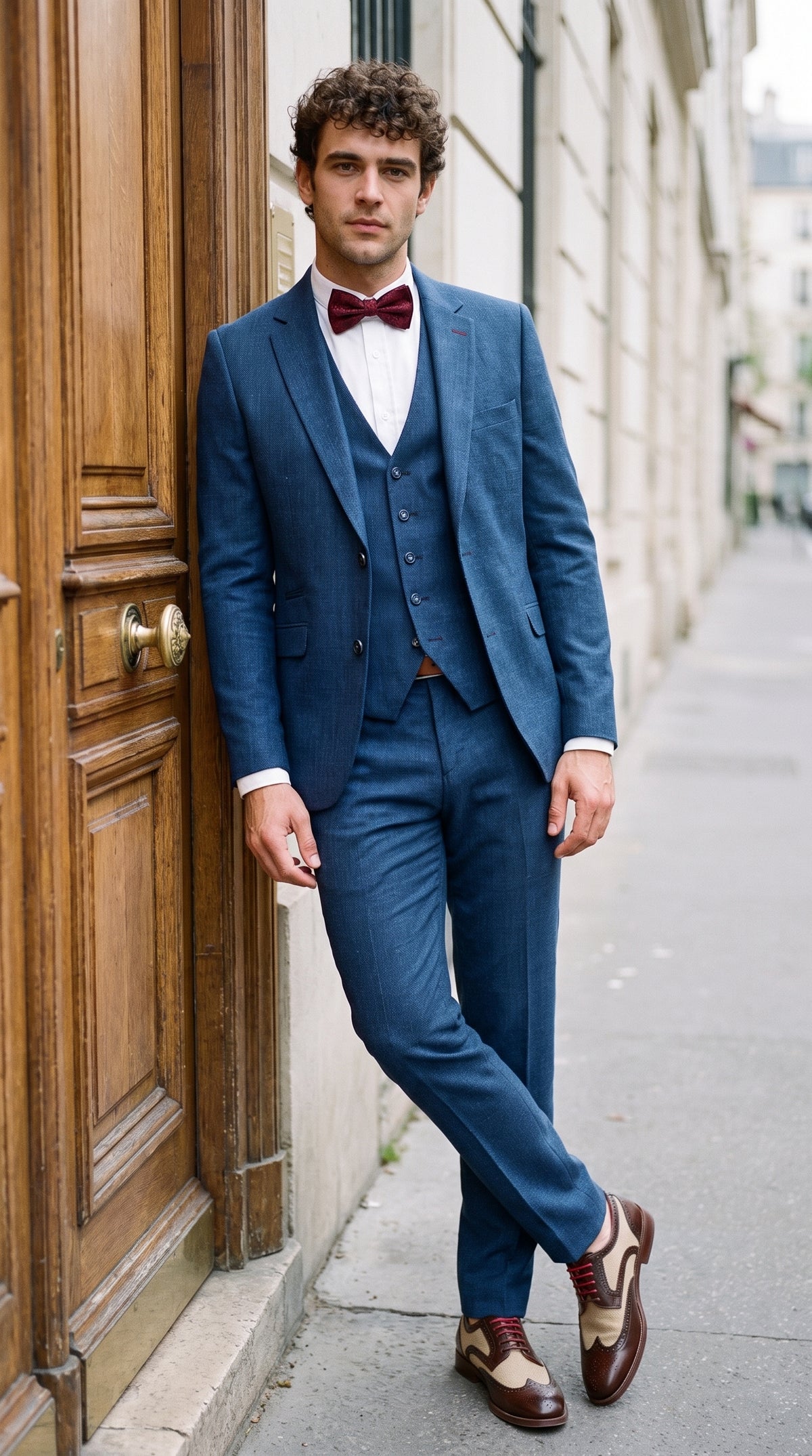 Look #839 styled with Pánský modrý letní lněný oblek