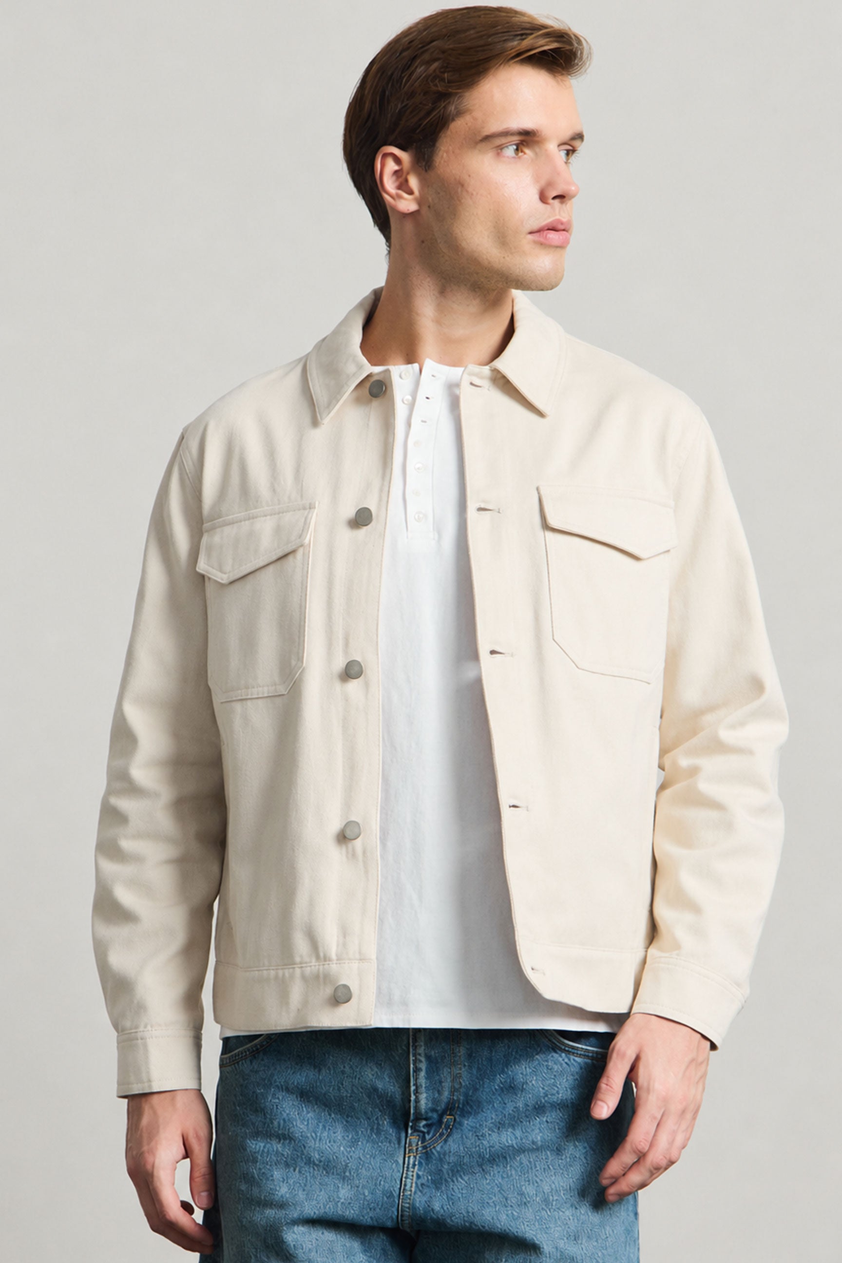 Pánská béžová bavlněná keprová bunda - overshirt trucker