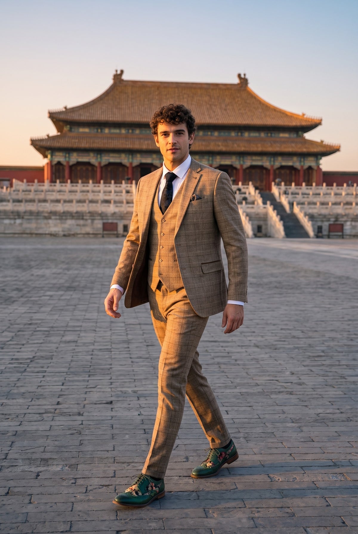 Look #278 styled with Liam - Pánský třídílný hnědý kostkovaný oblek
