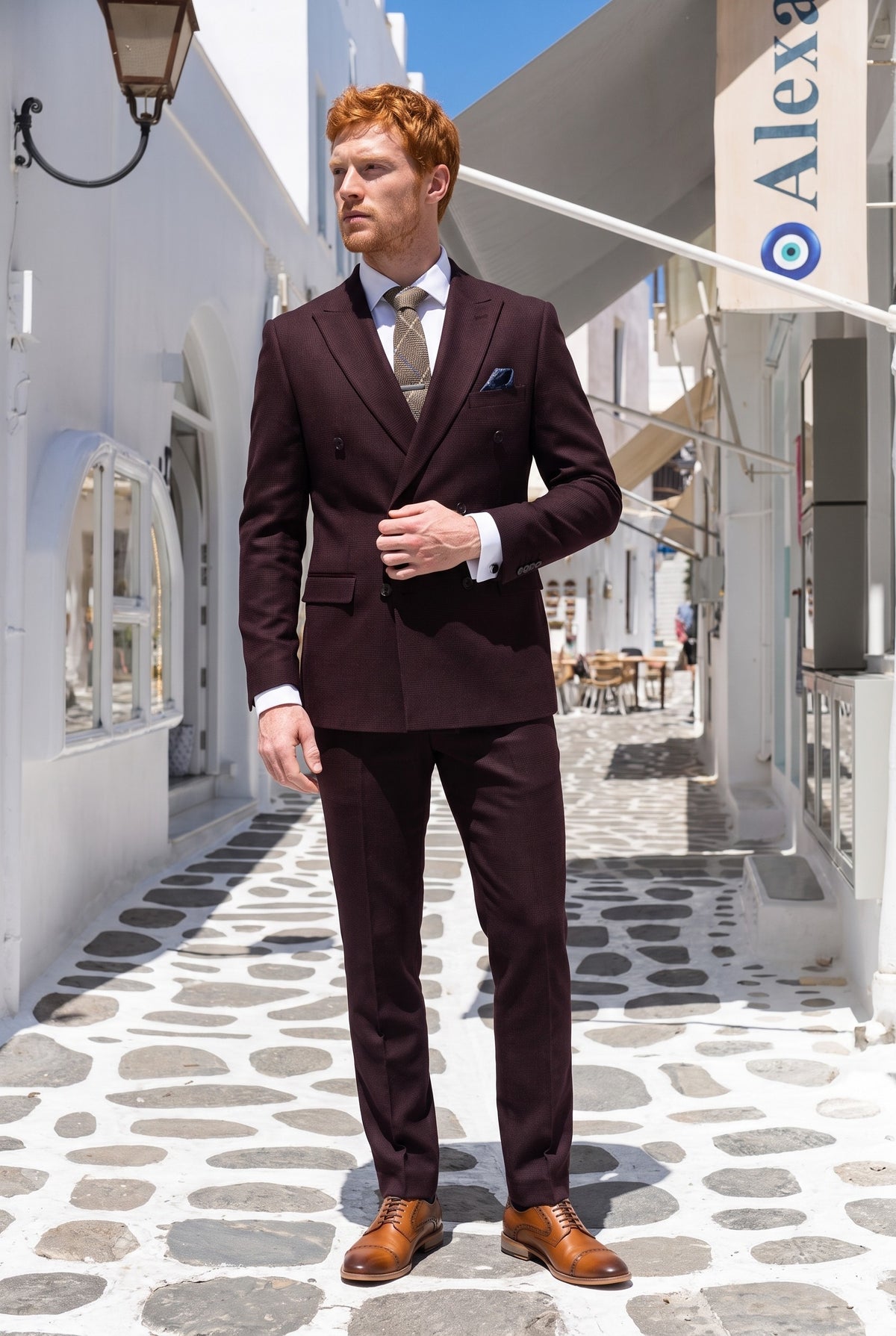 Look #732 styled with Regent - Pánský dvoudílný oblek s dvojitým zapínáním v vínové barvě
