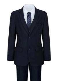 Boys Navy Blue 5 Piece Suit Blazer Waistcoat Shirt Tie Trousers Wedding Party