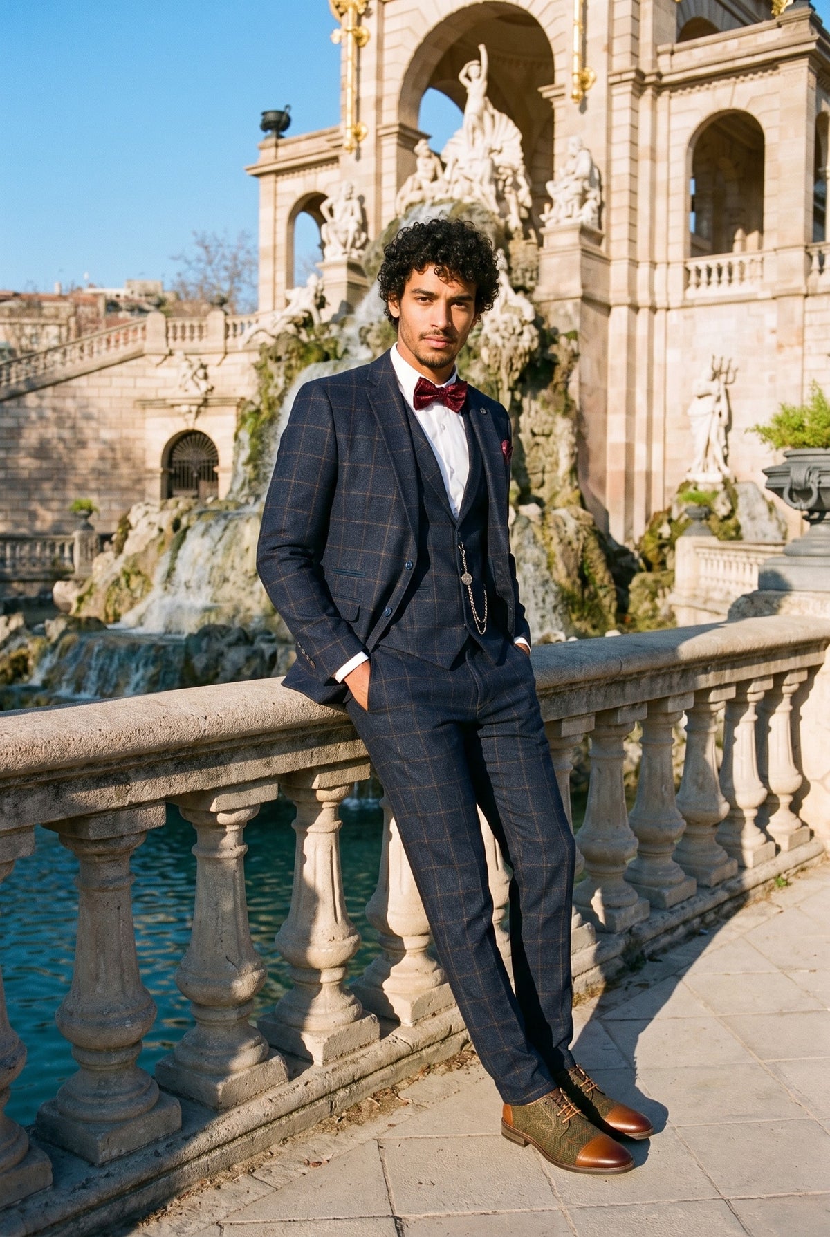 Look #728 styled with Pánský třídílný oblek z vlněného tvídu, tmavě modrý, hnědý, kostkovaný, Gatsby z 20. let
