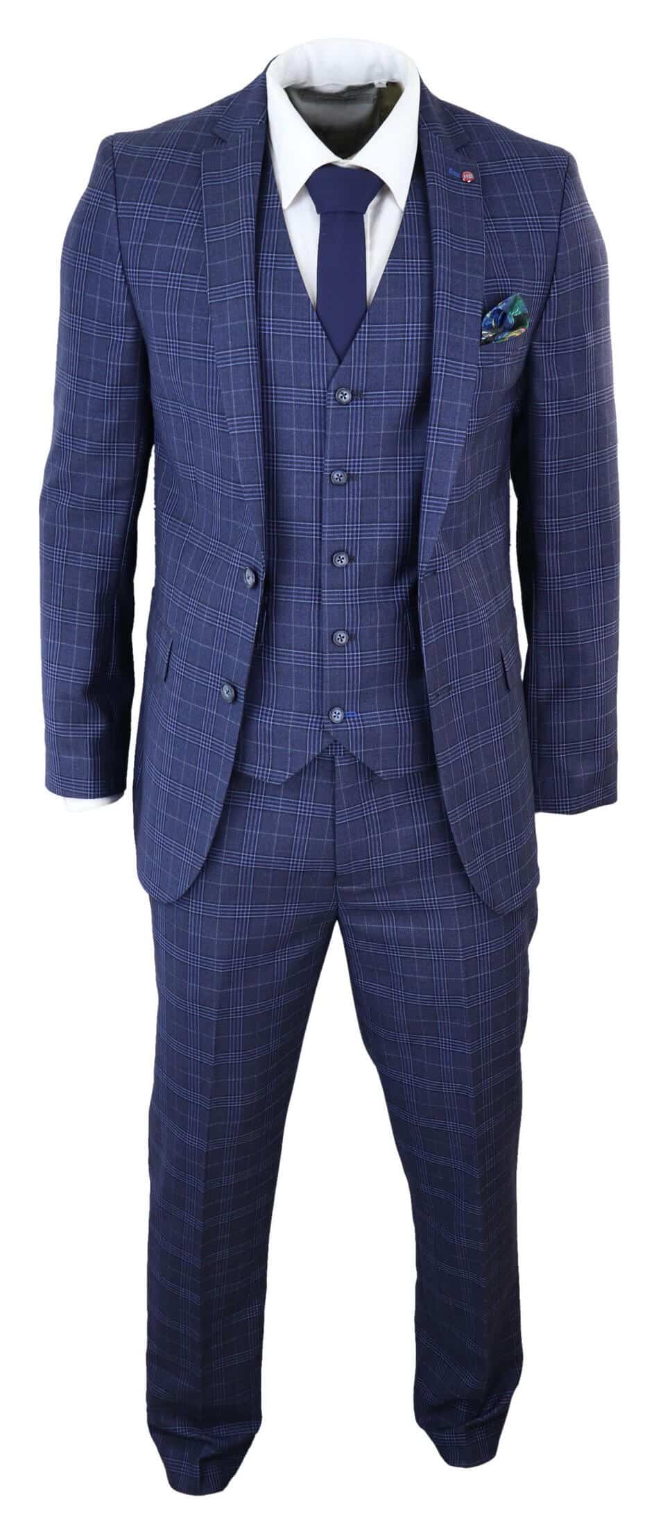 Mens Navy Blue Check 3 Piece Slim Fit Suit