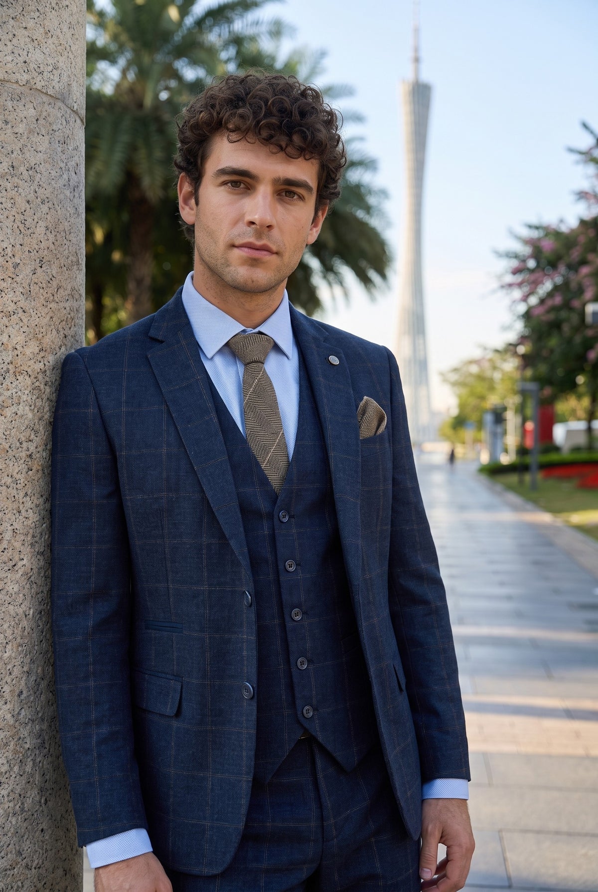 Look #729 styled with Pánský třídílný oblek z vlněného tvídu, tmavě modrý, hnědý, kostkovaný, Gatsby z 20. let