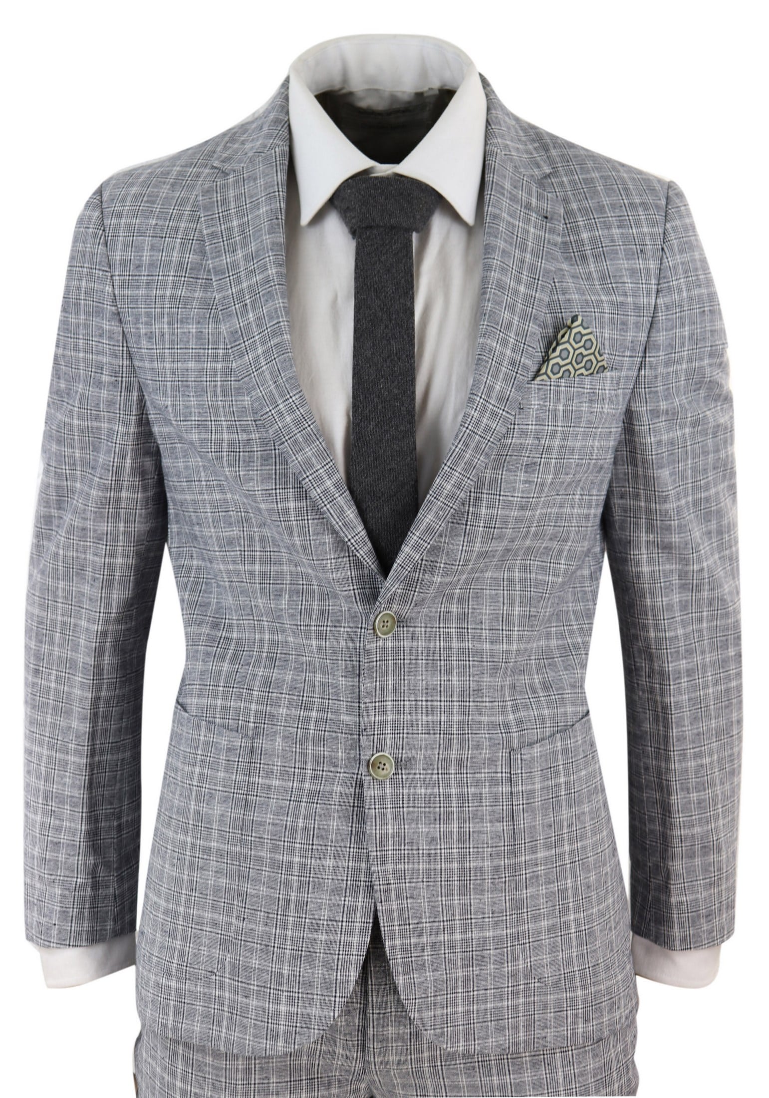 Men's Black-Grey Check 2 Piece Linen Suit