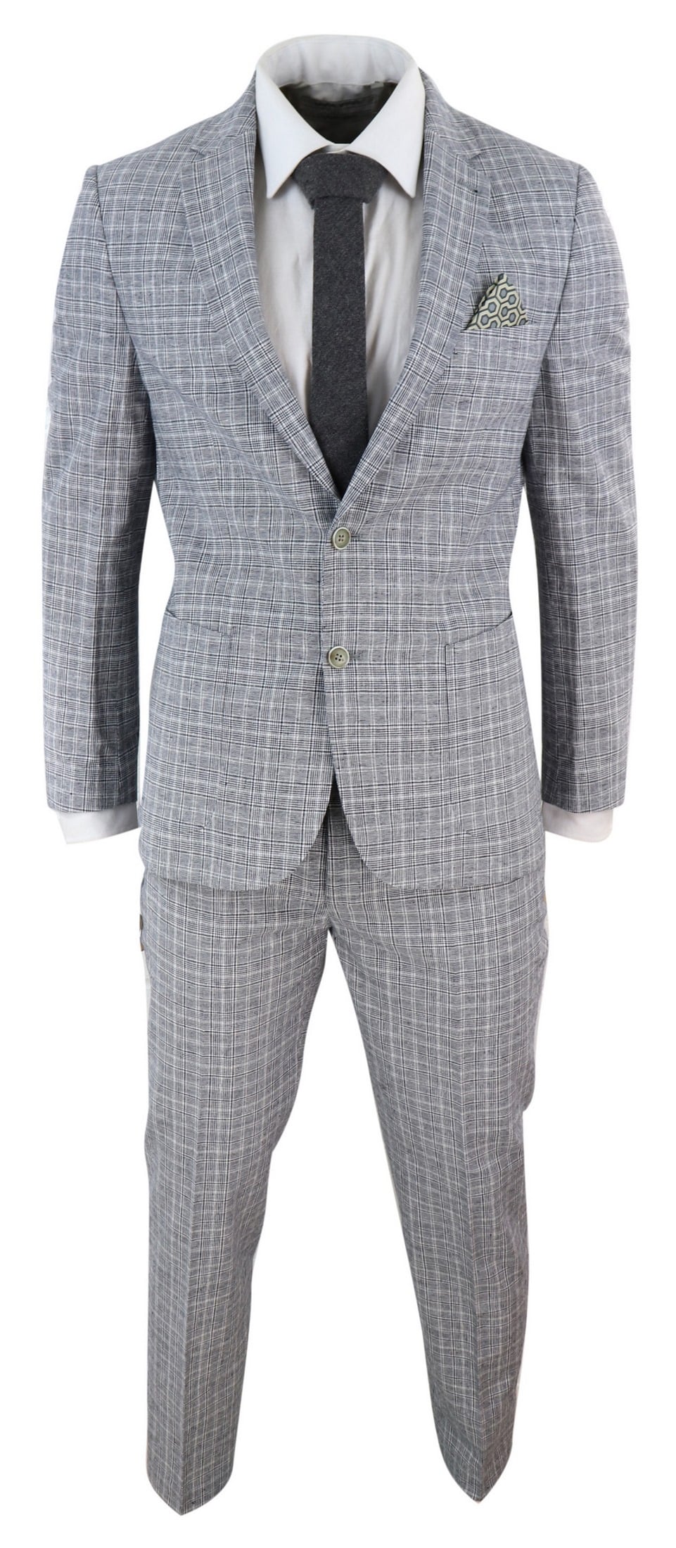 Men's Black-Grey Check 2 Piece Linen Suit