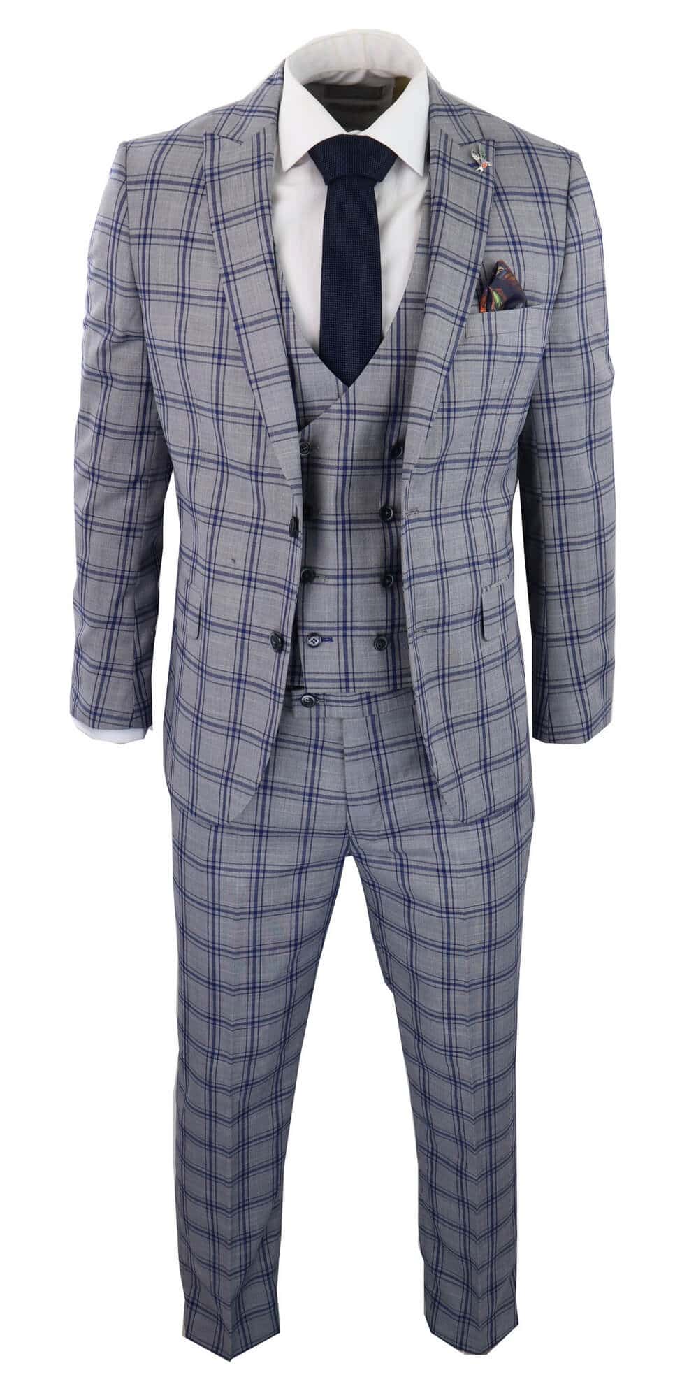 Men's Grey Blue Check 3 Piece Suit