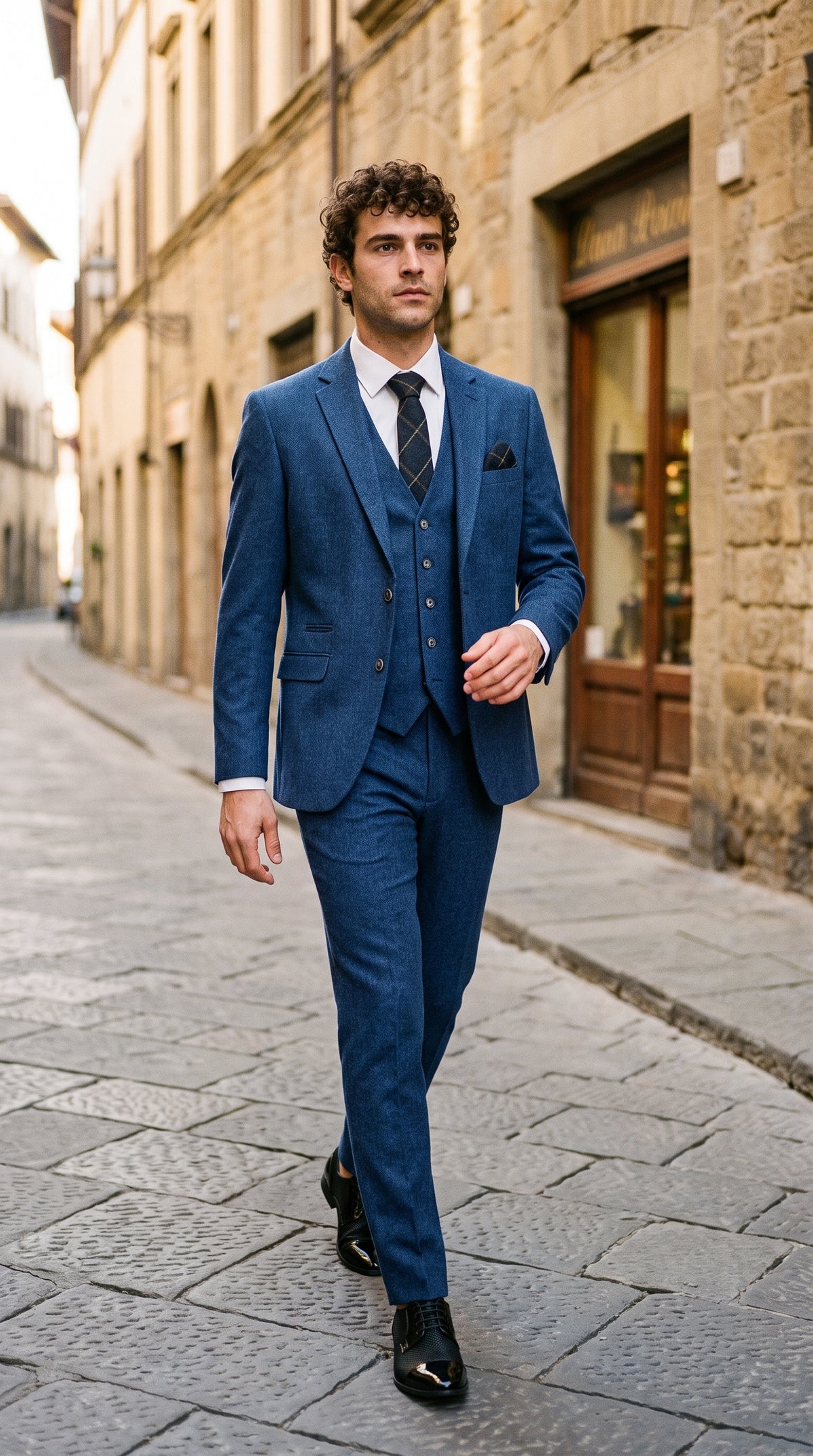 Look #263 styled with Cavani Orson - modrý keprový třídílný oblek