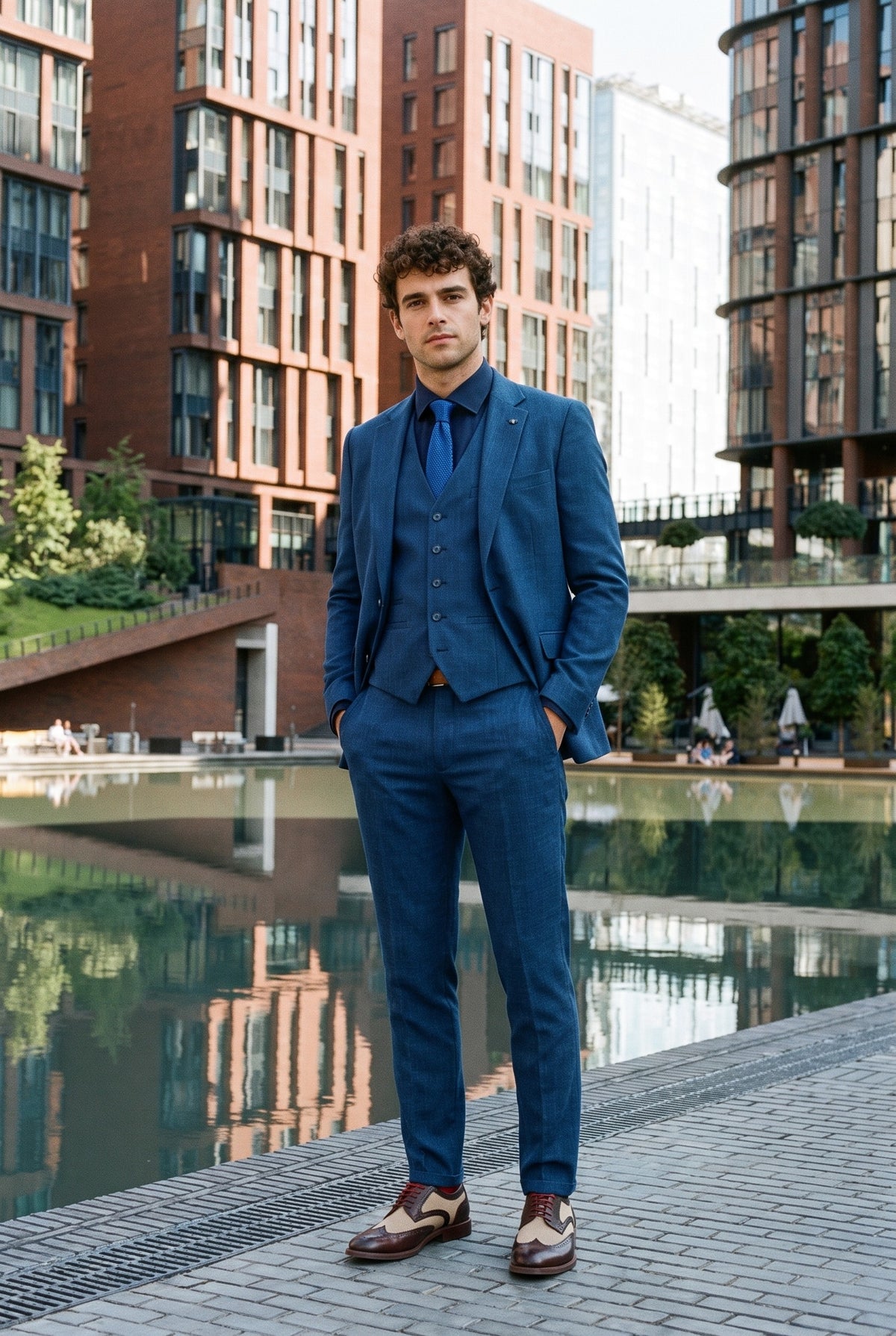Look #998 styled with Pánský modrý letní lněný oblek