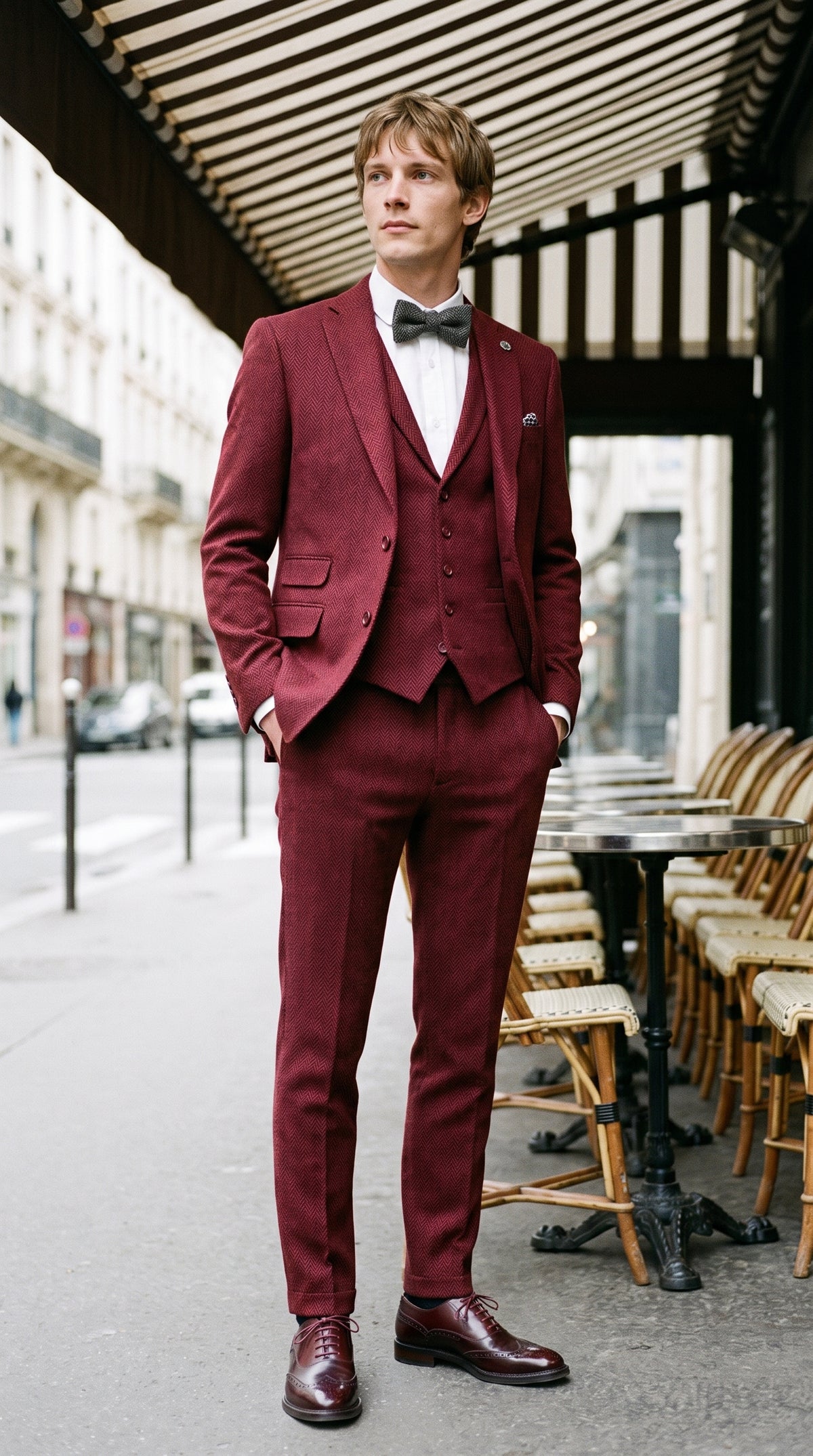 Look #144 styled with Pánský třídílný tvídový oblek s motivem rybí kosti v vínově červené barvě - STZ11