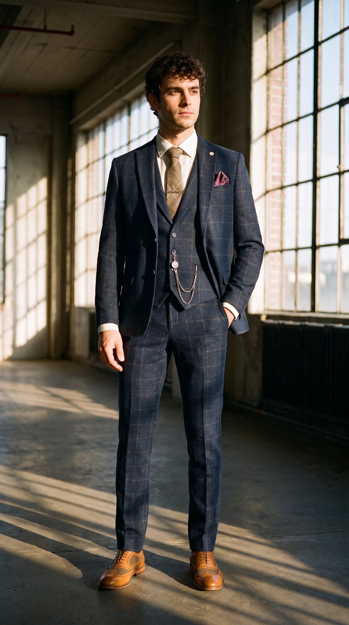 Look #725 styled with Pánský třídílný oblek z vlněného tvídu, tmavě modrý, hnědý, kostkovaný, Gatsby z 20. let