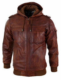Mens Real Leather Hood Bomber Jacket Tan Timber Brown Washed Vintage Quilted