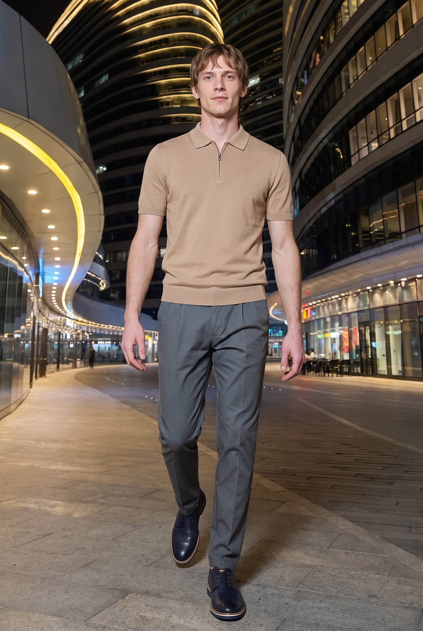 Look #977 styled with Pánské pletené polo tričko béžové barvy s výstřihem do V a límcem