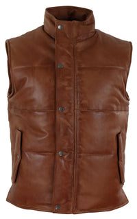 Mens Real Leather Waistcoat Gilet Quilted Puffer Design Warm Zip Casual Tan