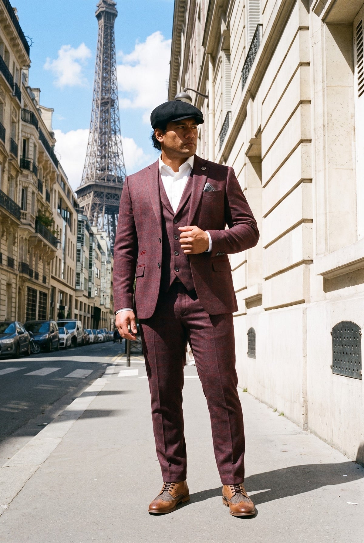 Look #990 styled with Pánský třídílný oblek z vlněného tvídu s švestkově vínovou kostkou a vzorem Gatsby z 20. let 20. století