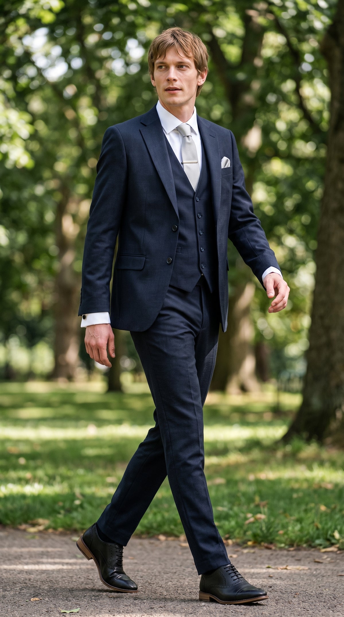 Look #823 styled with Bond - Pánský tmavě modrý třídílný oblek na míru