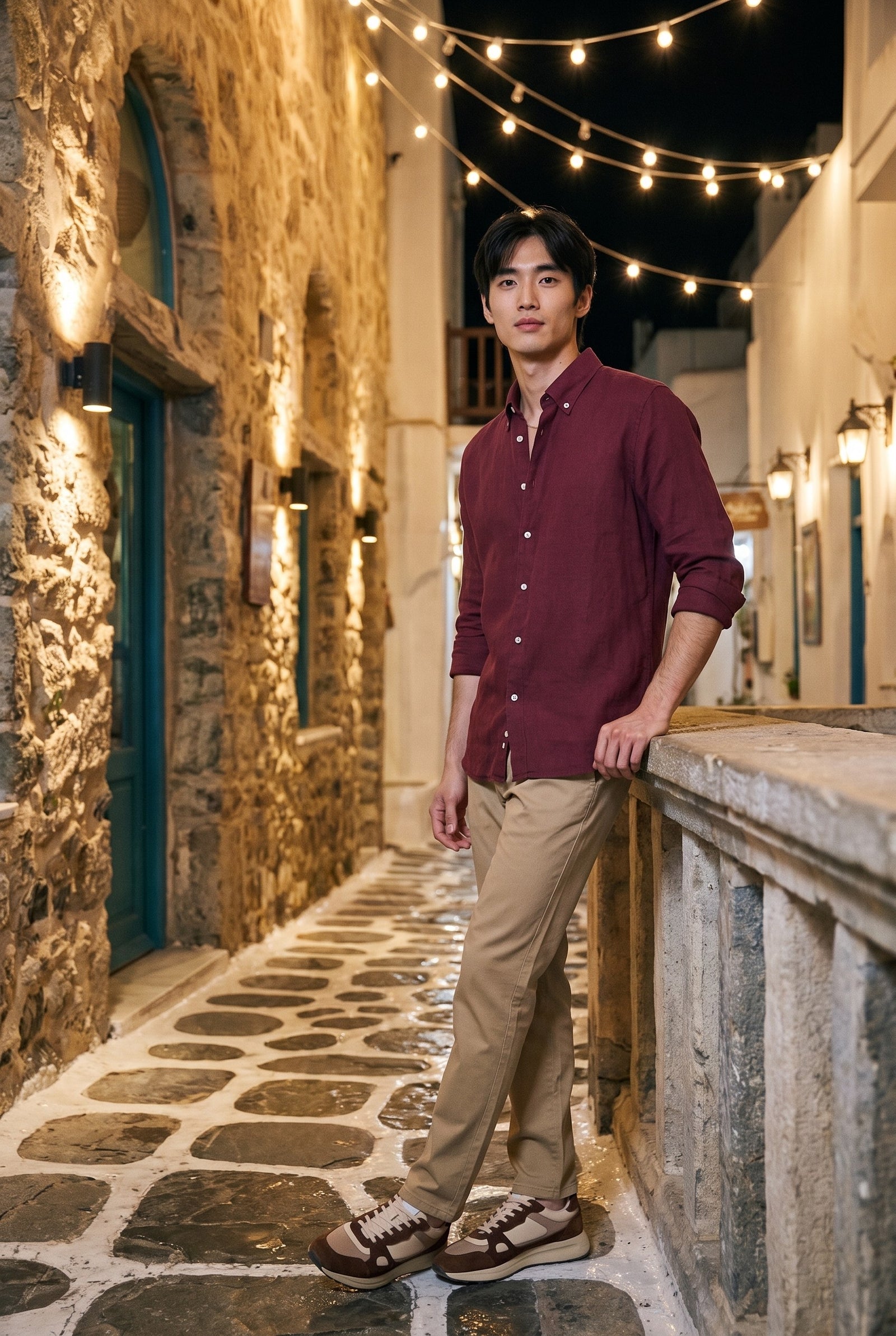 Look #1031 styled with Pánské khaki chino kalhoty z letního materiálu Tencel z lněné směsi