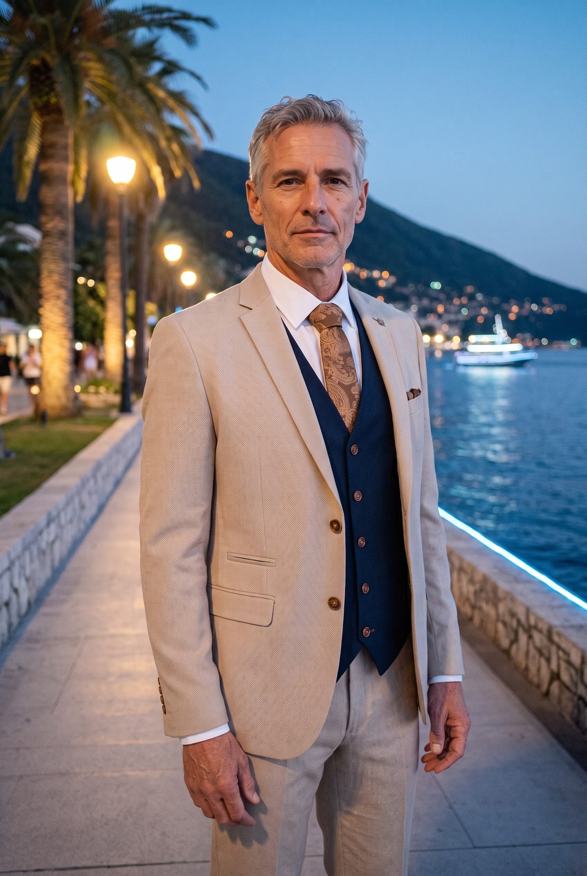 Look #944 styled with Mayfair - Pánský třídílný krémový oblek s tmavě modrou vestou