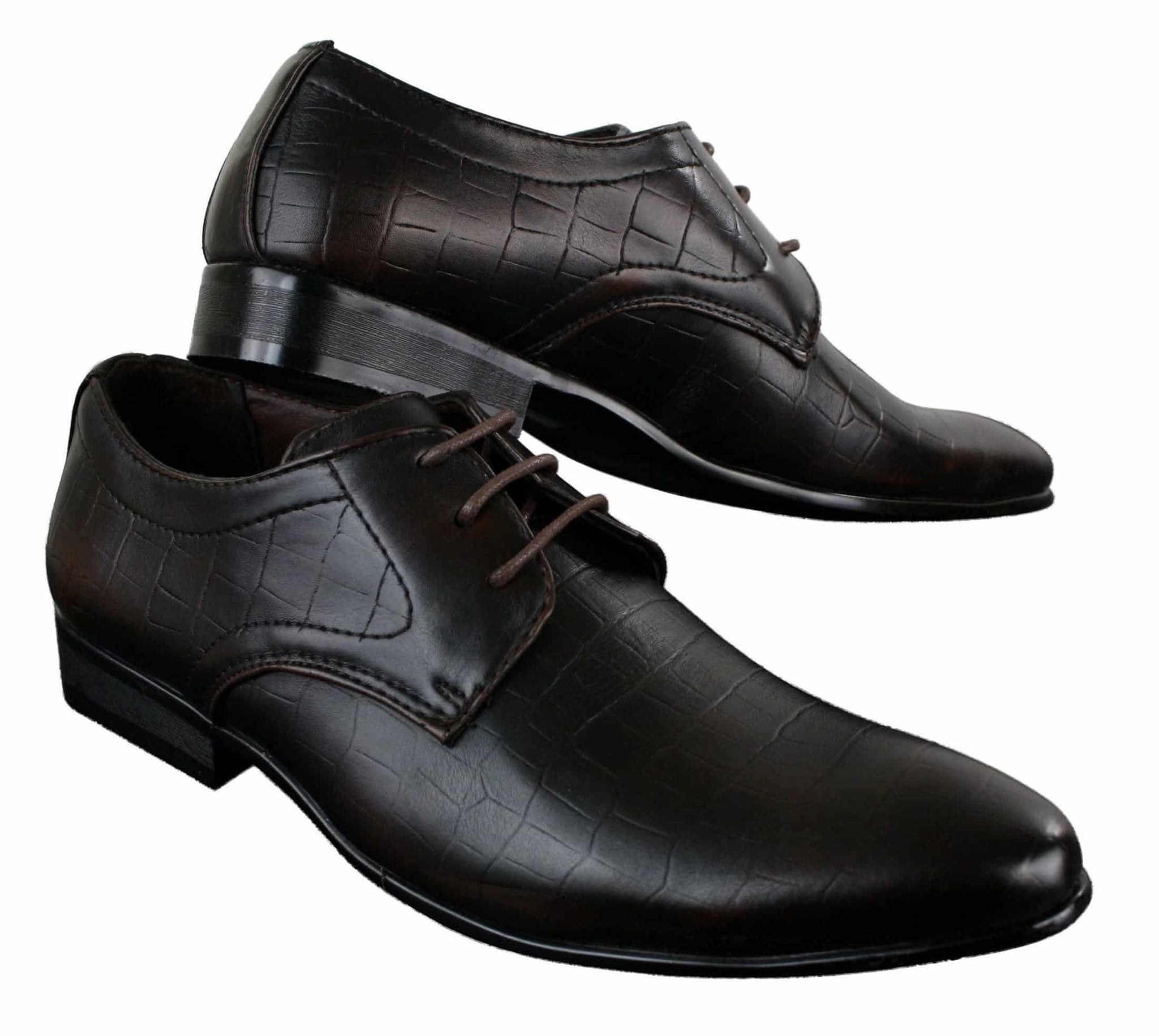 Mens Black Tan Brown Crocodile Snake PU Leather Shoes Laced Smart Formal Pointed