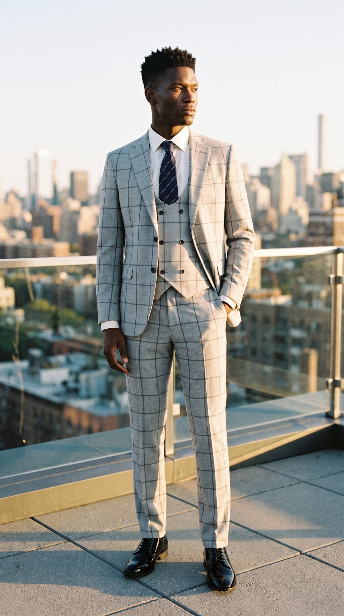 Look #332 styled with Světle šedý kostkovaný třídílný oblek