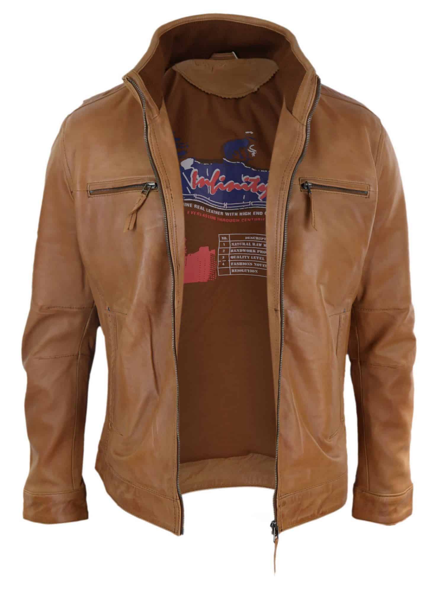 Real Leather Mens High Collar Jacket - Tan
