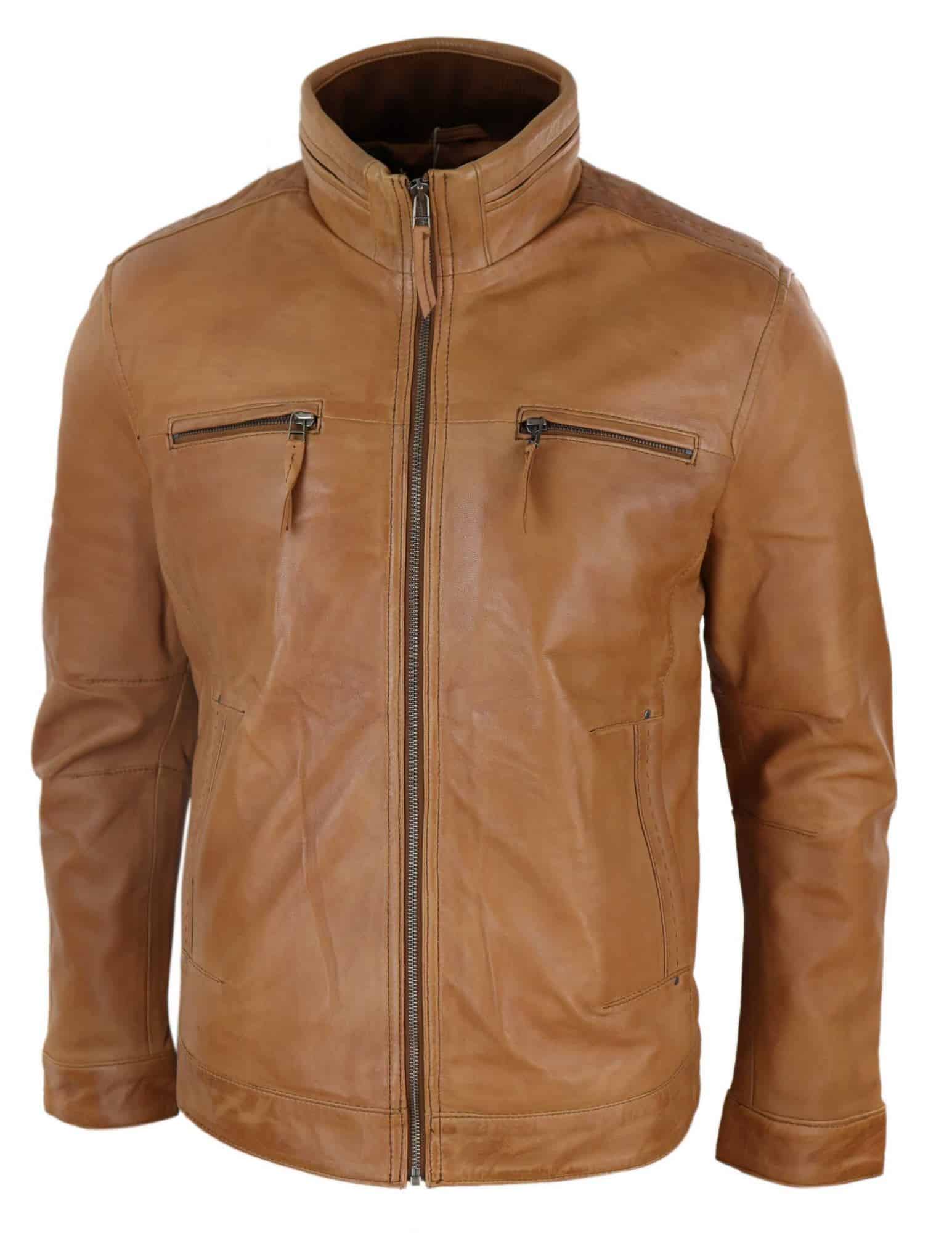Real Leather Mens High Collar Jacket - Tan