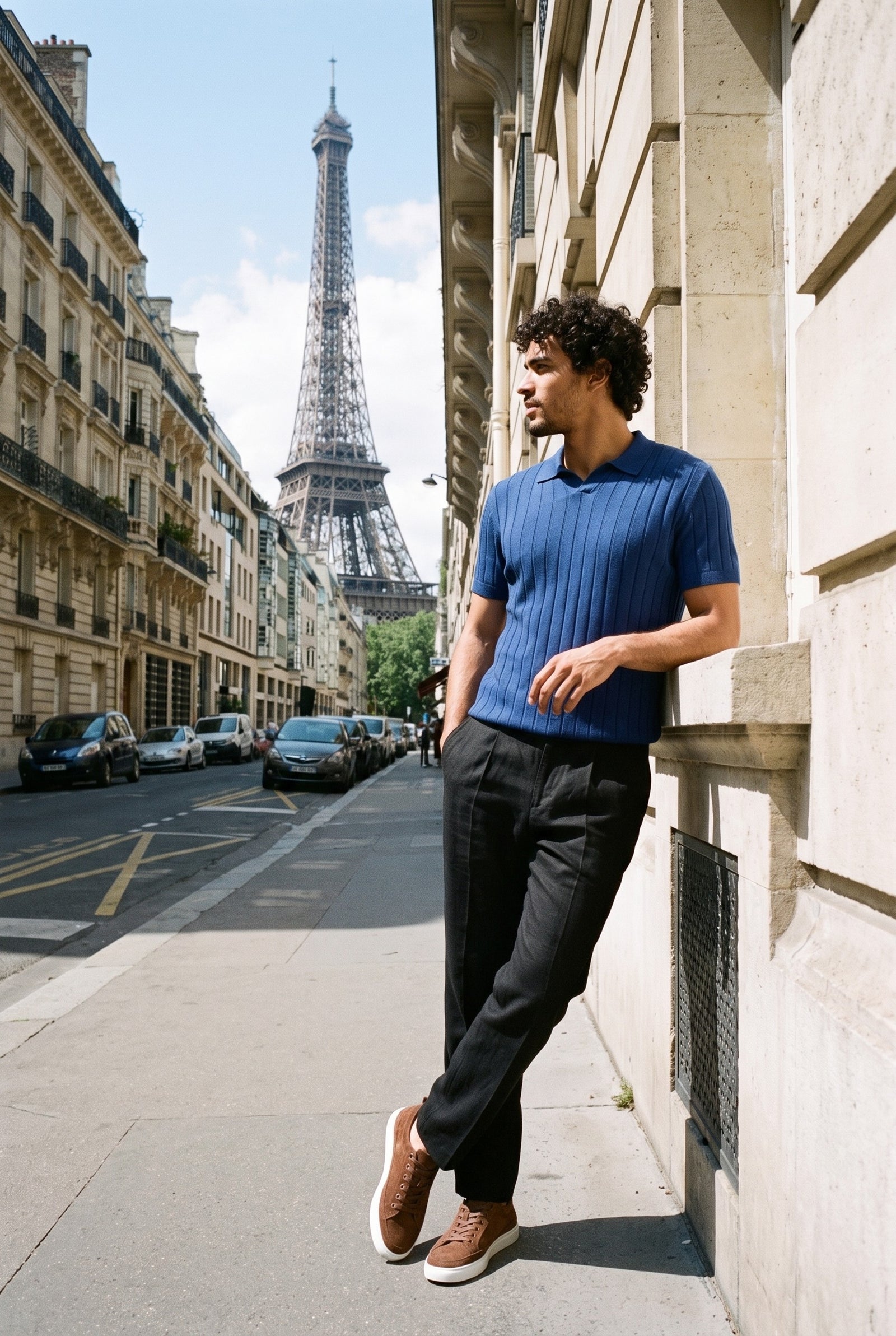 Look #888 styled with Pánské tmavě modré žebrované pletené polo tričko
