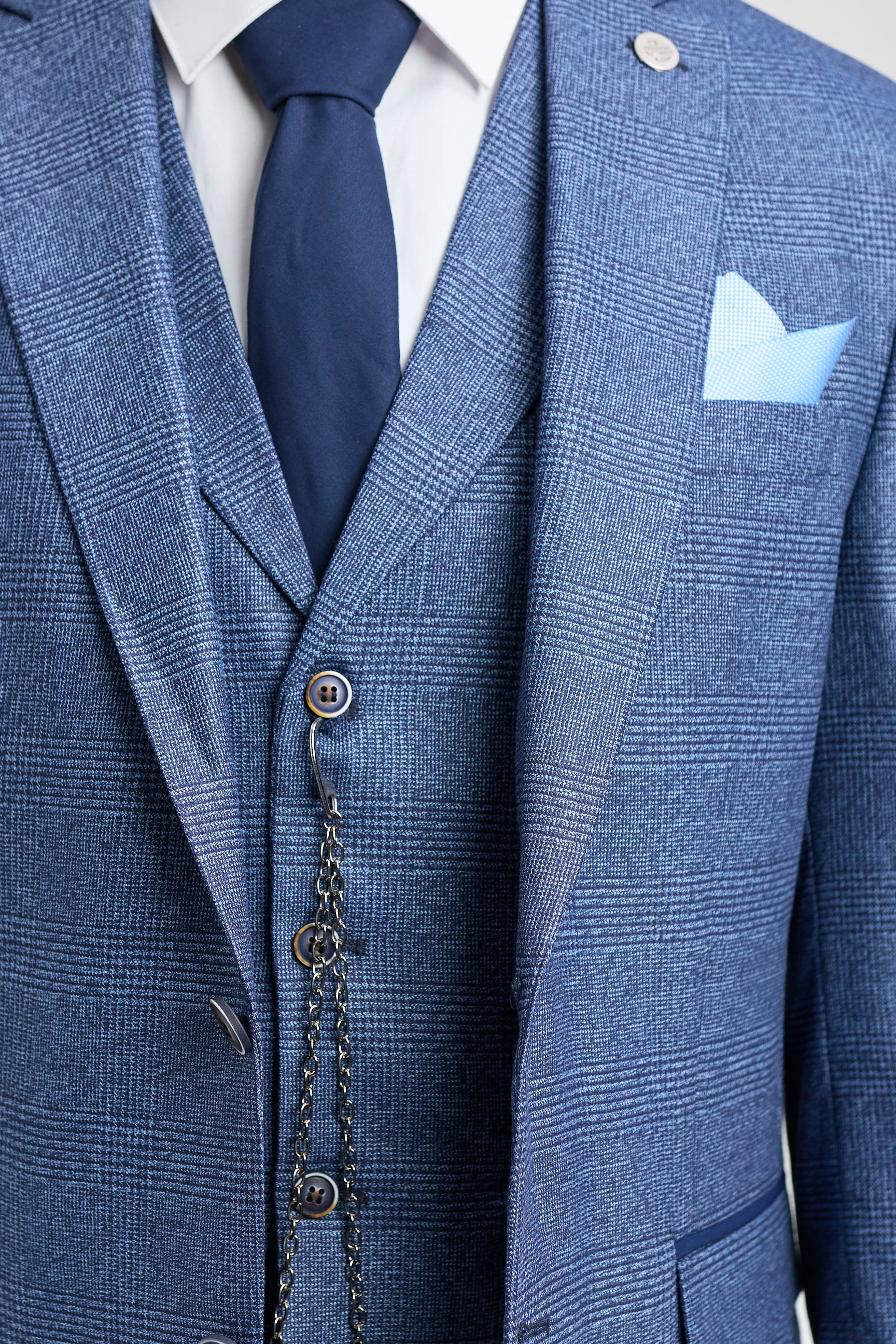 Pánský třídílný oblek s modrým kostkovaným vzorem prince z Walesu AK-09