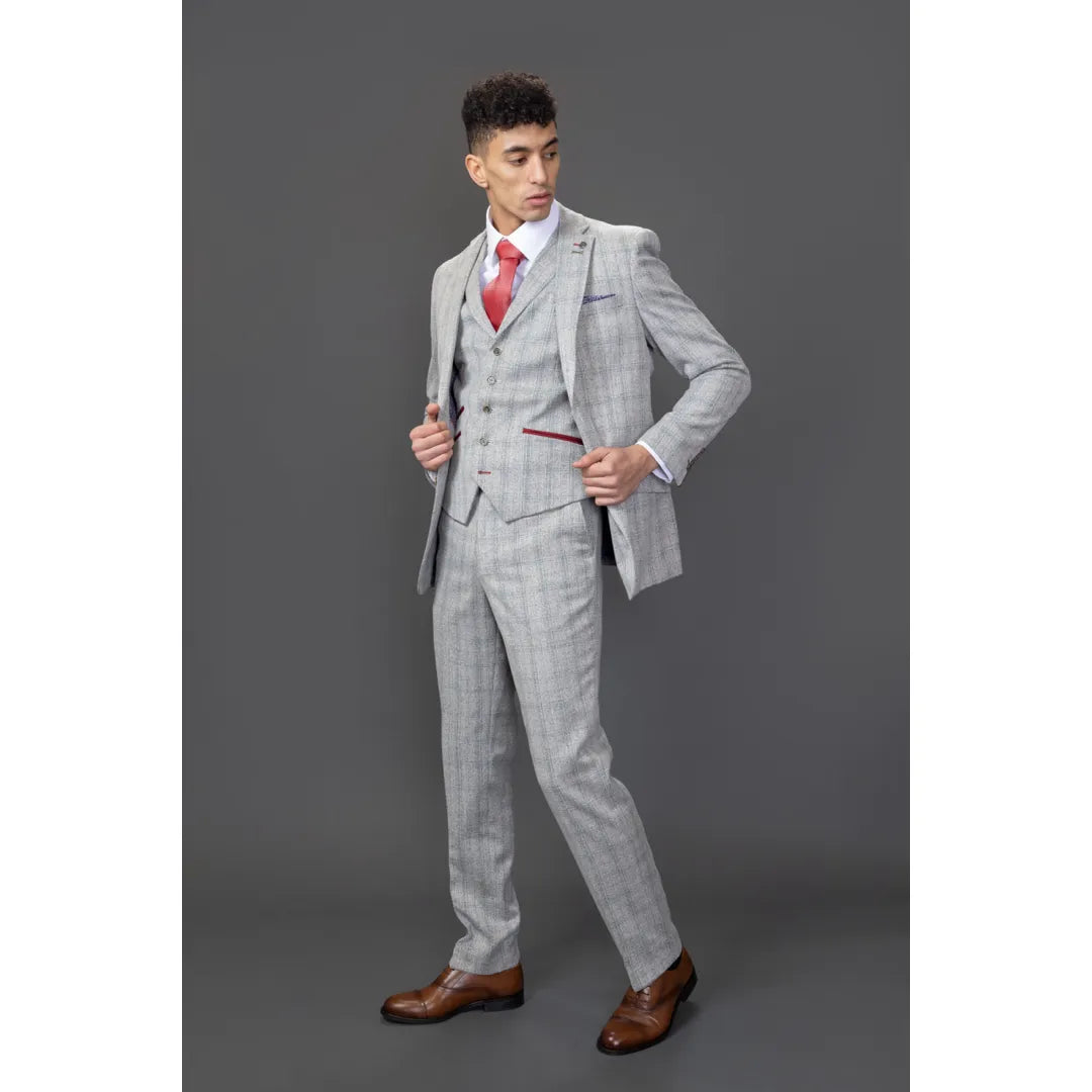 Andrew Men's 3-Piece Grey Checked Slim Fit Suit with Red Accents