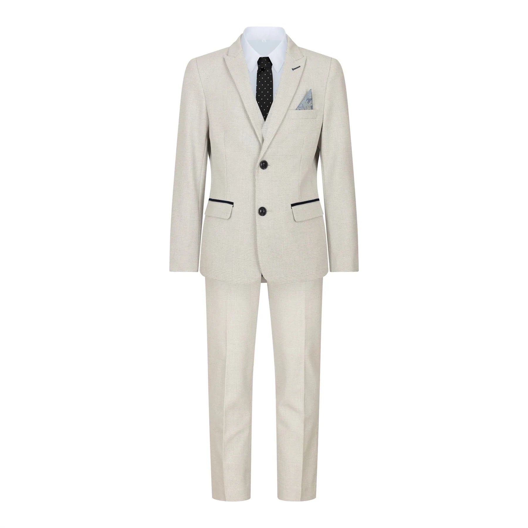 Boys 3 Piece Cream Tweed Wedding Party Check Suit Tailored Fit Smart Formal