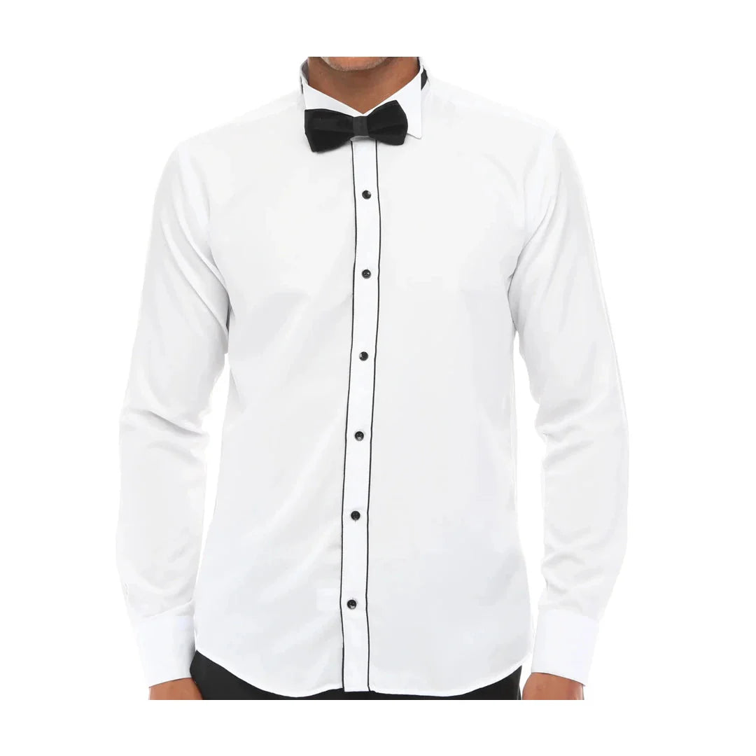 Men's Wing Collar Shirt Tuxedo White Black Piping Double Cuff Dinner Classic
