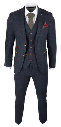 Mens Herringbone Tweed 3 Piece Navy Red Check Suit Vintage 1920s Tailored Fit