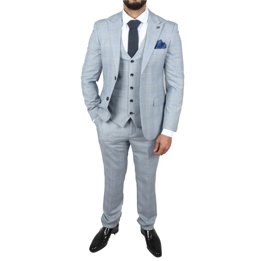 Mark Men's Light Blue 3-Piece Tweed Check Tailored Fit Suit
