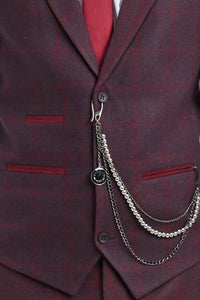 Pánský třídílný oblek z vlněného tvídu s švestkově vínovou kostkou a vzorem Gatsby z 20. let 20. století