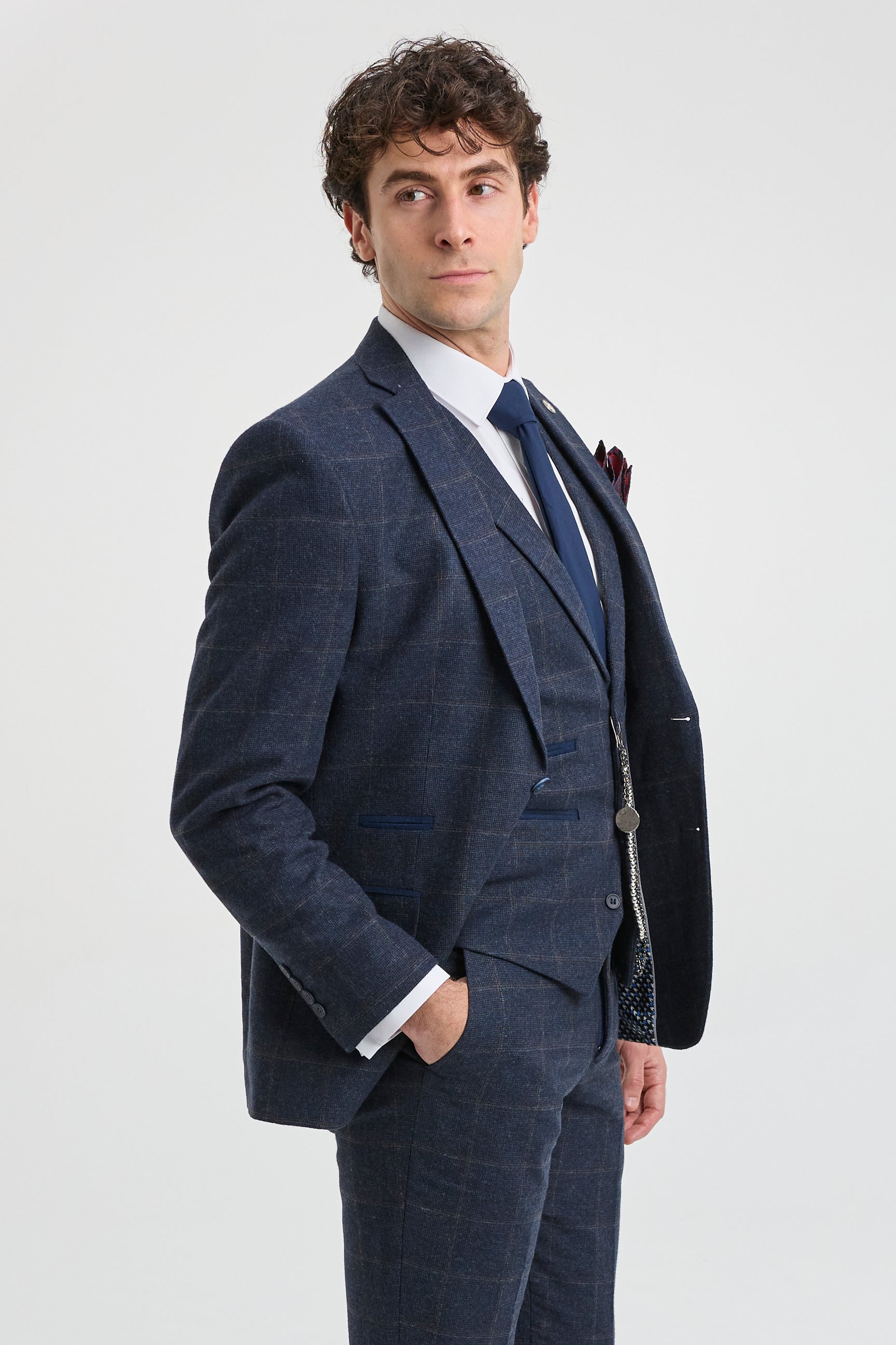 Pánský třídílný oblek z vlněného tvídu, tmavě modrý, hnědý, kostkovaný, Gatsby z 20. let