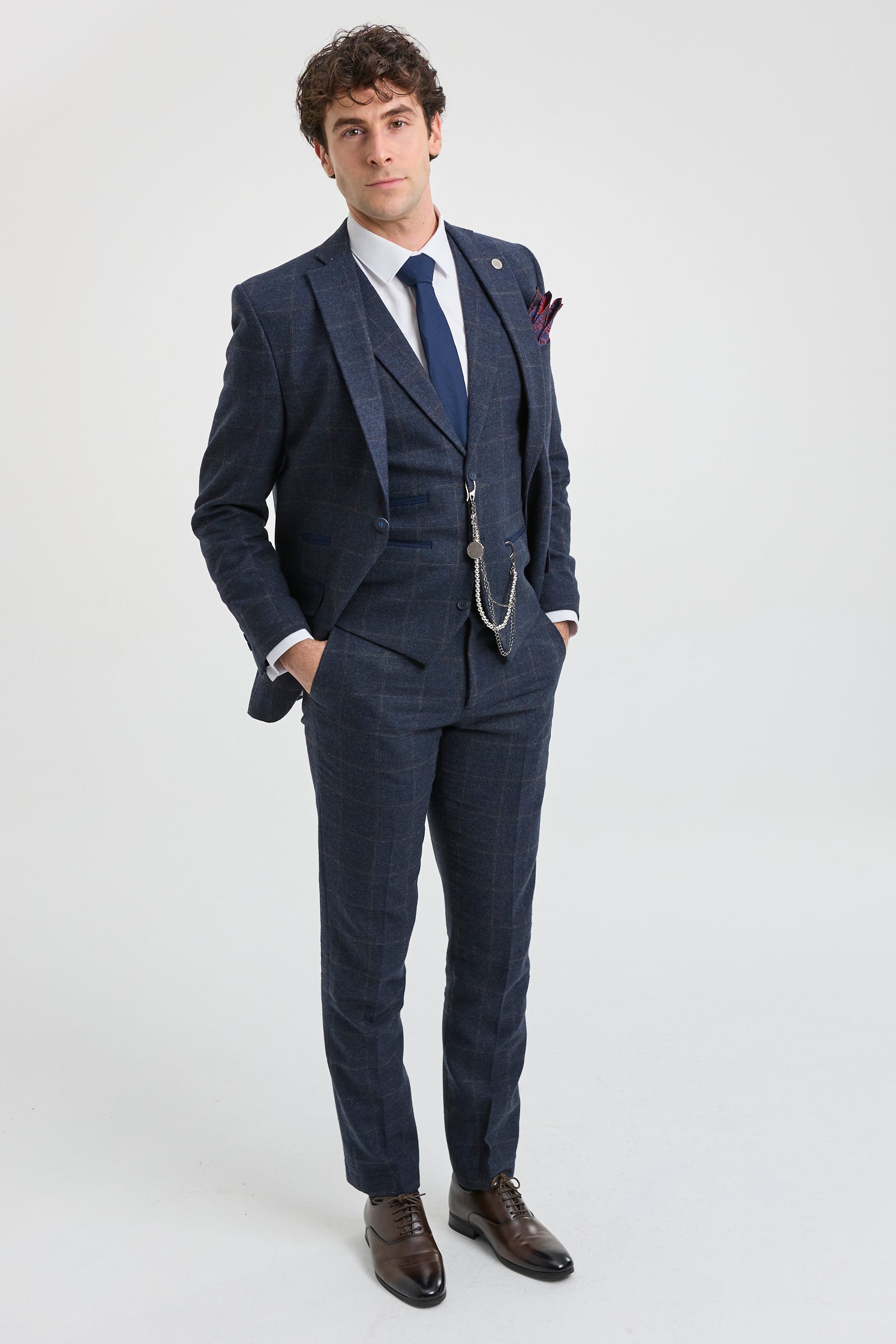 Pánský třídílný oblek z vlněného tvídu, tmavě modrý, hnědý, kostkovaný, Gatsby z 20. let