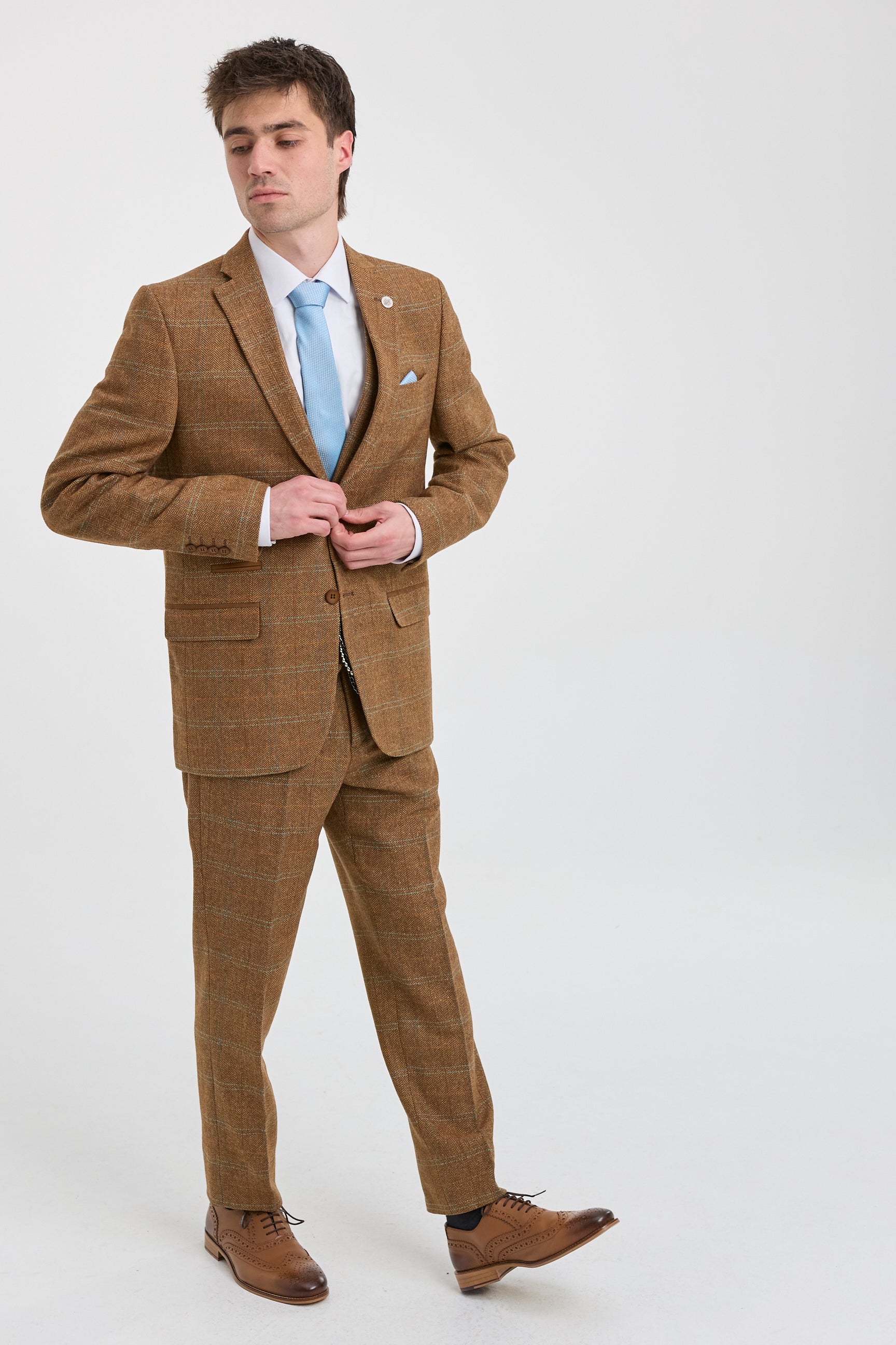 Pánský třídílný oblek z vlněného tvídu, vzor rybí kosti, hnědý, modrý, kostkovaný, Gatsby z 20. let