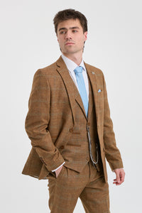 Pánský třídílný oblek z vlněného tvídu, vzor rybí kosti, hnědý, modrý, kostkovaný, Gatsby z 20. let