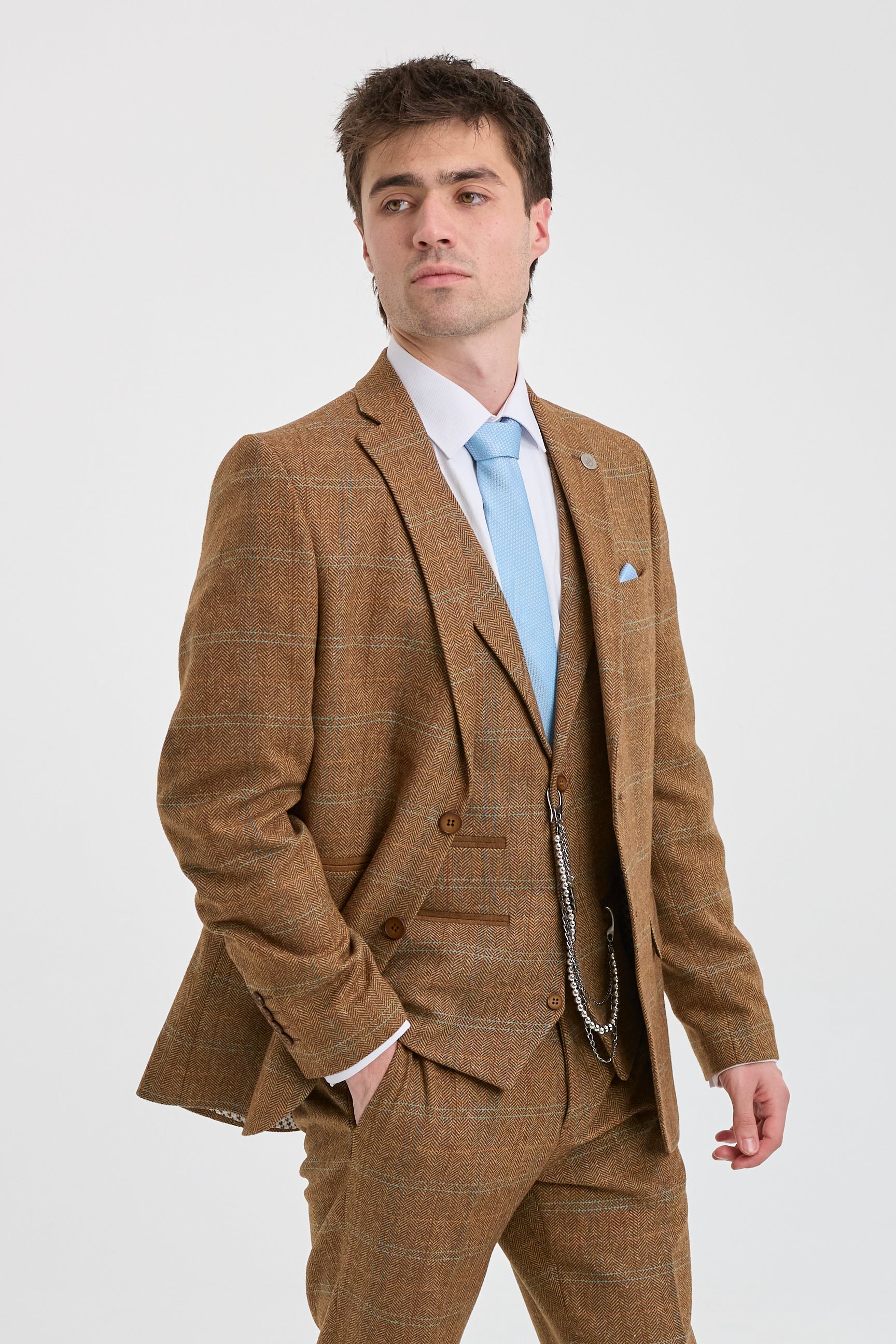 Pánský třídílný oblek z vlněného tvídu, vzor rybí kosti, hnědý, modrý, kostkovaný, Gatsby z 20. let