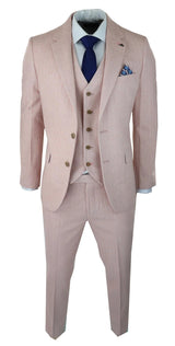 Mens Herringbone Tweed 3 Piece Suit Pink Blush Retro Vintage Short Reg Long
