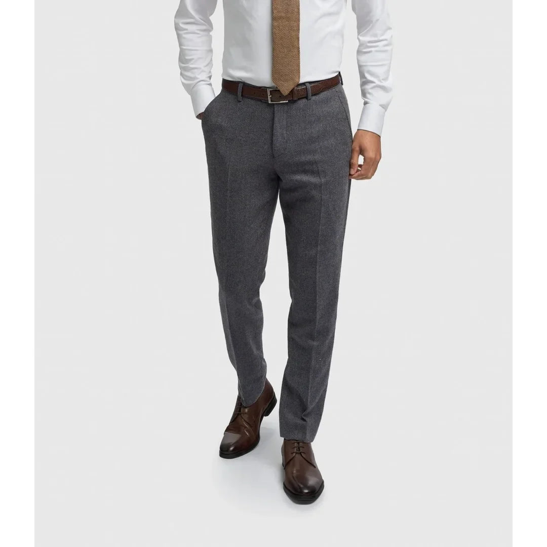 Thomas - Pánské tmavě modré tvídové kalhoty s vzorem rybí kosti z vlněné směsi