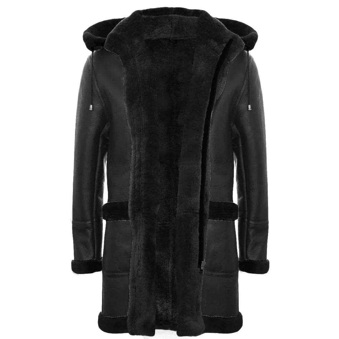 Men's Shearling Sheepskin Duffle Coat WW2 UK Winter 3/4 Leather Hood
