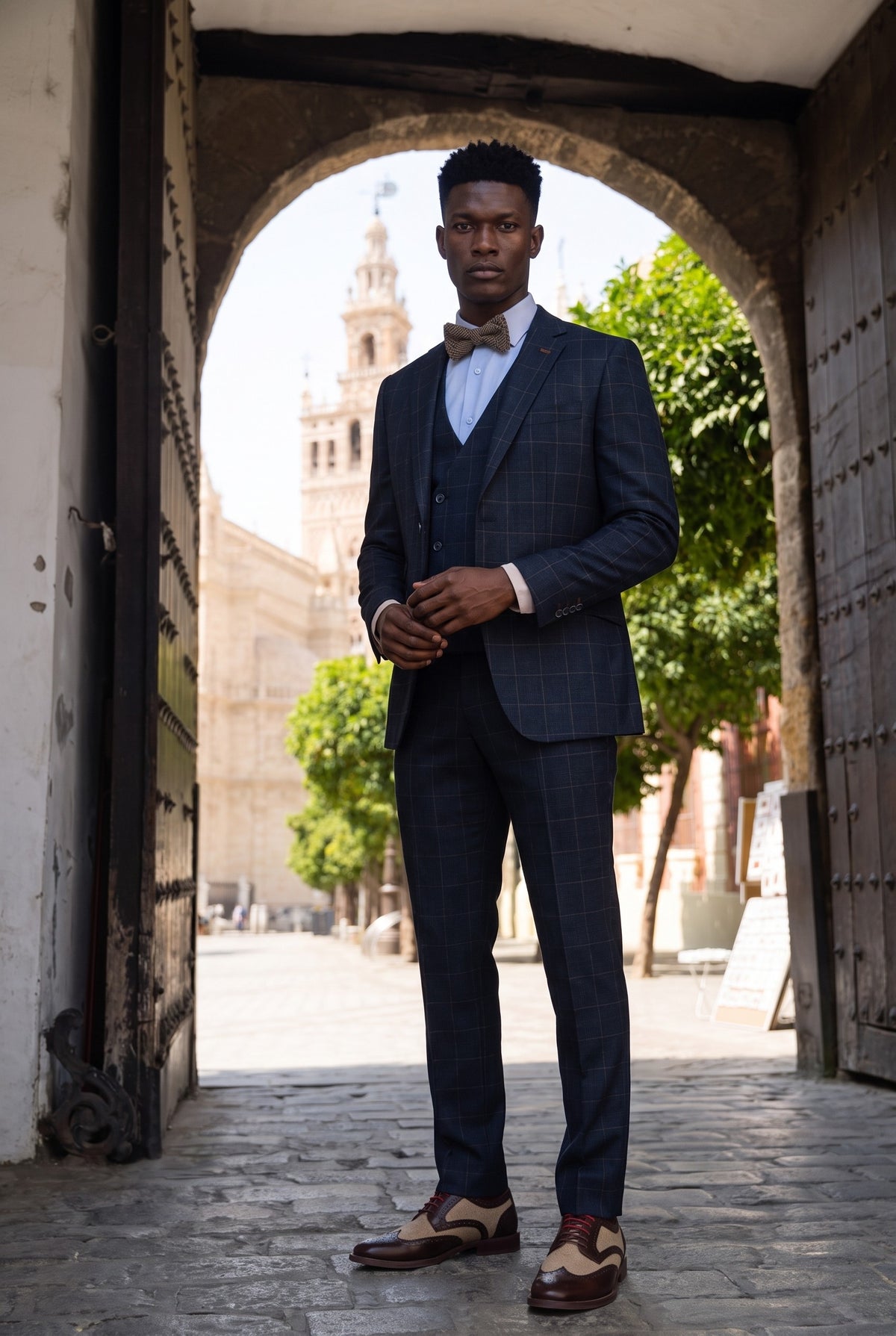 Look #265 styled with Torino - Pánský třídílný kostkovaný oblek v tmavě modré barvě