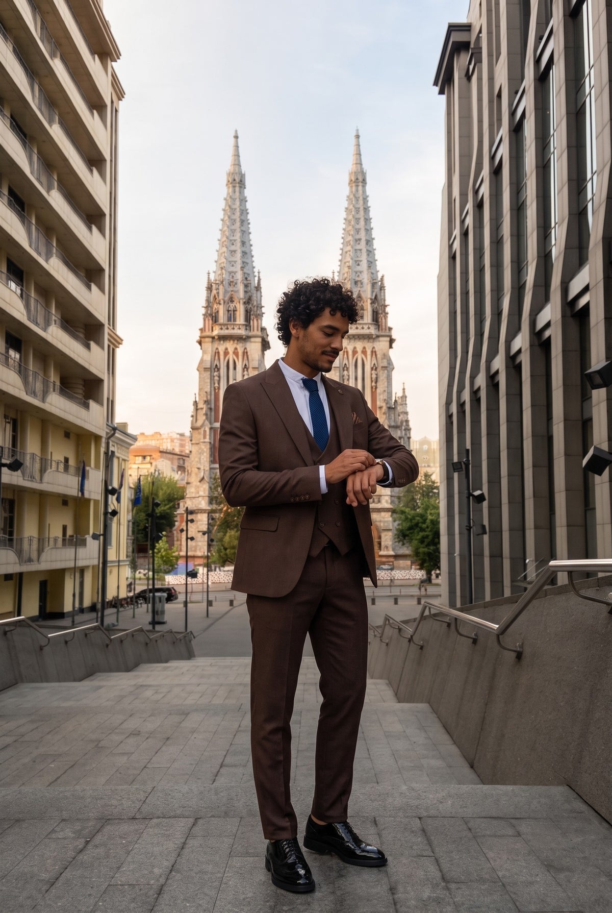 Look #305 styled with IM32 - Pánský tmavě hnědý třídílný oblek bez rukávů