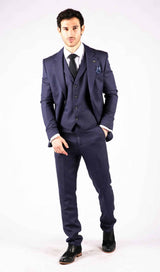 Men's Navy-Blue Herringbone Tweed 3 Piece Suit