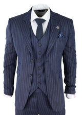 Men's Blue Pinstripe Herringbone Tweed 3 Piece Suit