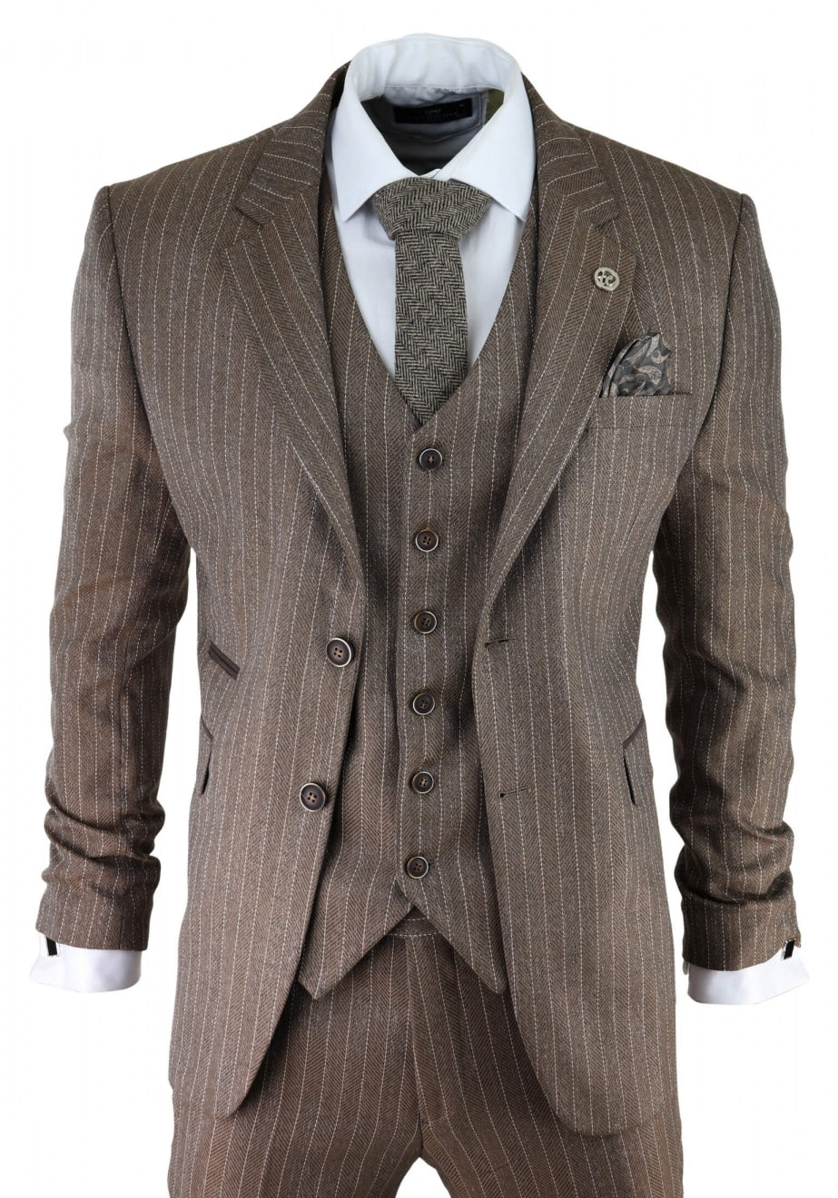 Men's Oak Brown Pinstripe Herringbone Tweed 3 Piece Suit